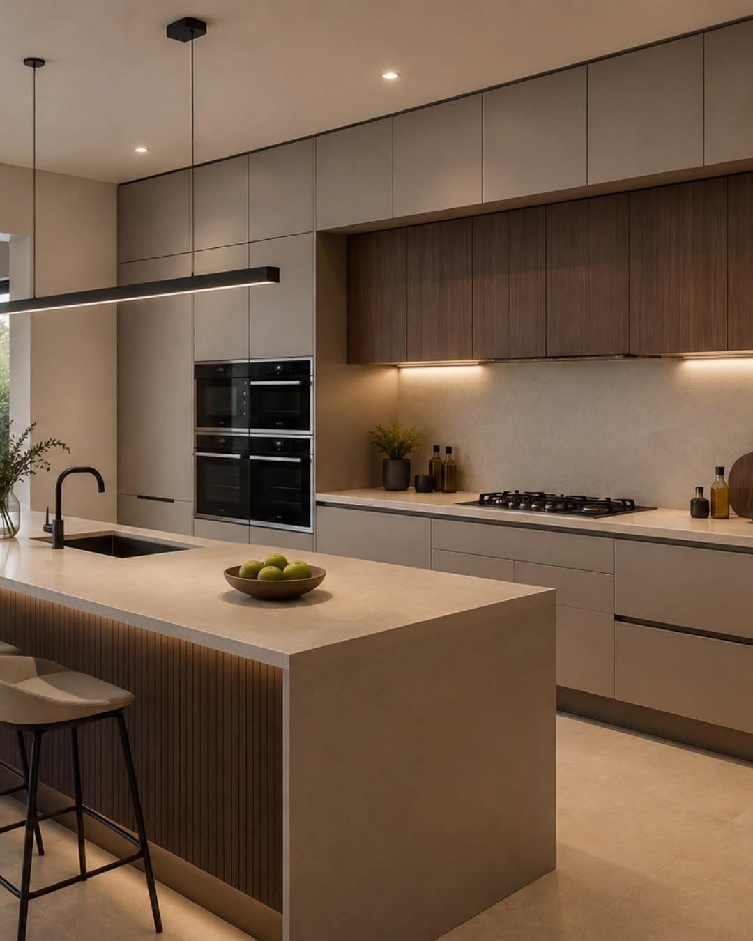 Cocina con isla, banquetas y luz bajo los gabinetes